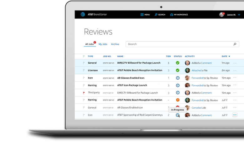 Cropped image of left half of a laptop screen, showing a SaaS dashboard of assets under review for approval, with columns for status and activity.