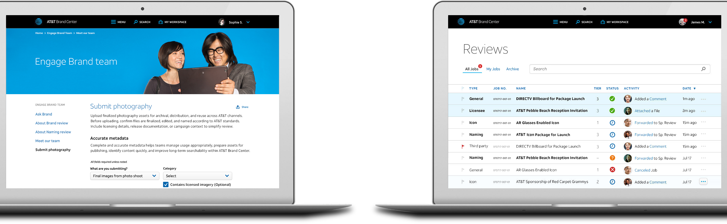 Two laptops side by side show a UI for a Photography Submission form on one side and the Asset Review approval dashboard UI on the other.