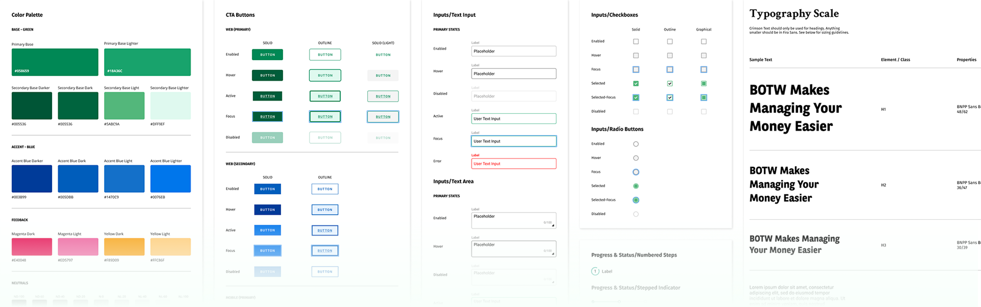 Collage of screenshots from the design library, showing colors, font styles, and components.