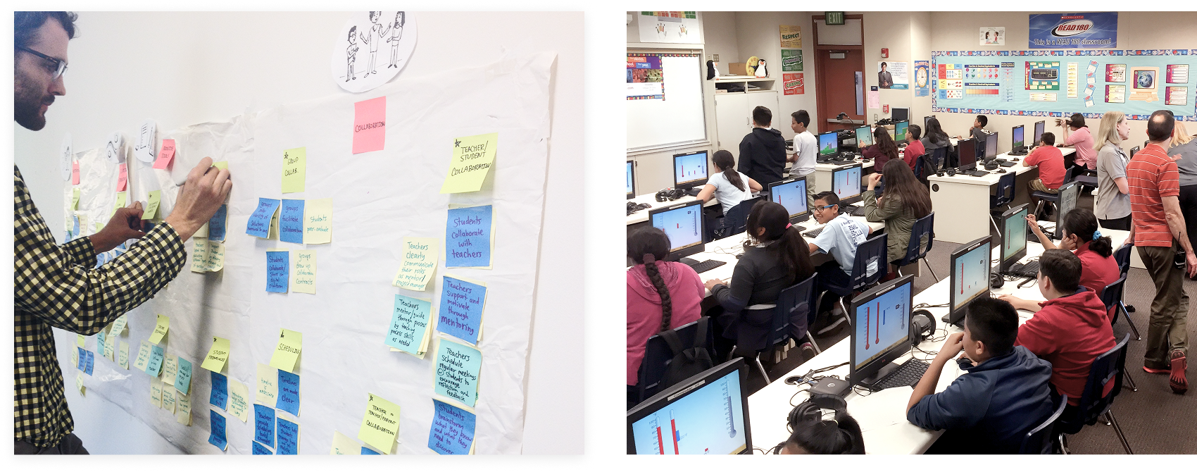 A series of three images are shown including: a photo of the designer putting post-it notes on an affinity diagram, a mental model chart, and a task analysis chart.