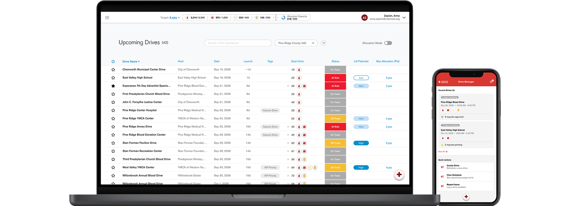 An image shows a dashboard of Upcoming Blood Drives on a laptop, alongside a mobile device showing an interface entitled 'Drive Manager'. 