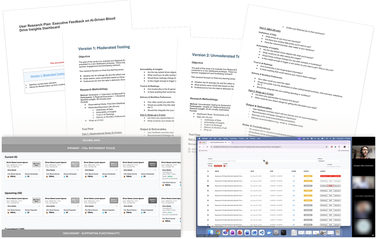 A collage of pages from a User Research Test Plan is shown along with a wireframe of the Blood Drive Dashboard, and a screenshot of a video chat showing a Blood Drive Dashboard protoype.